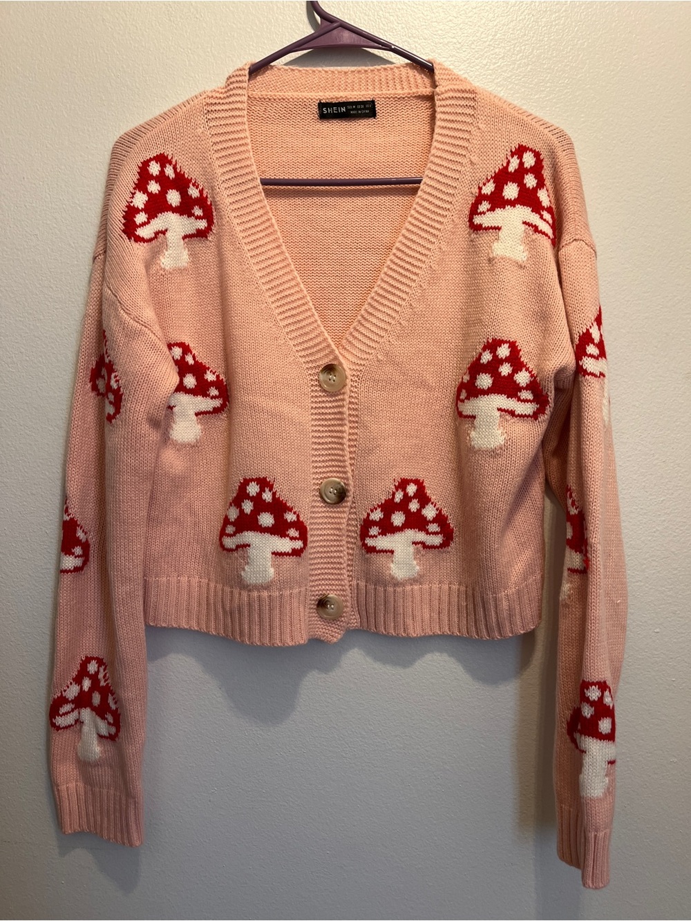 Shein Pink Mushroom Knit Cardigan Sweater Medium